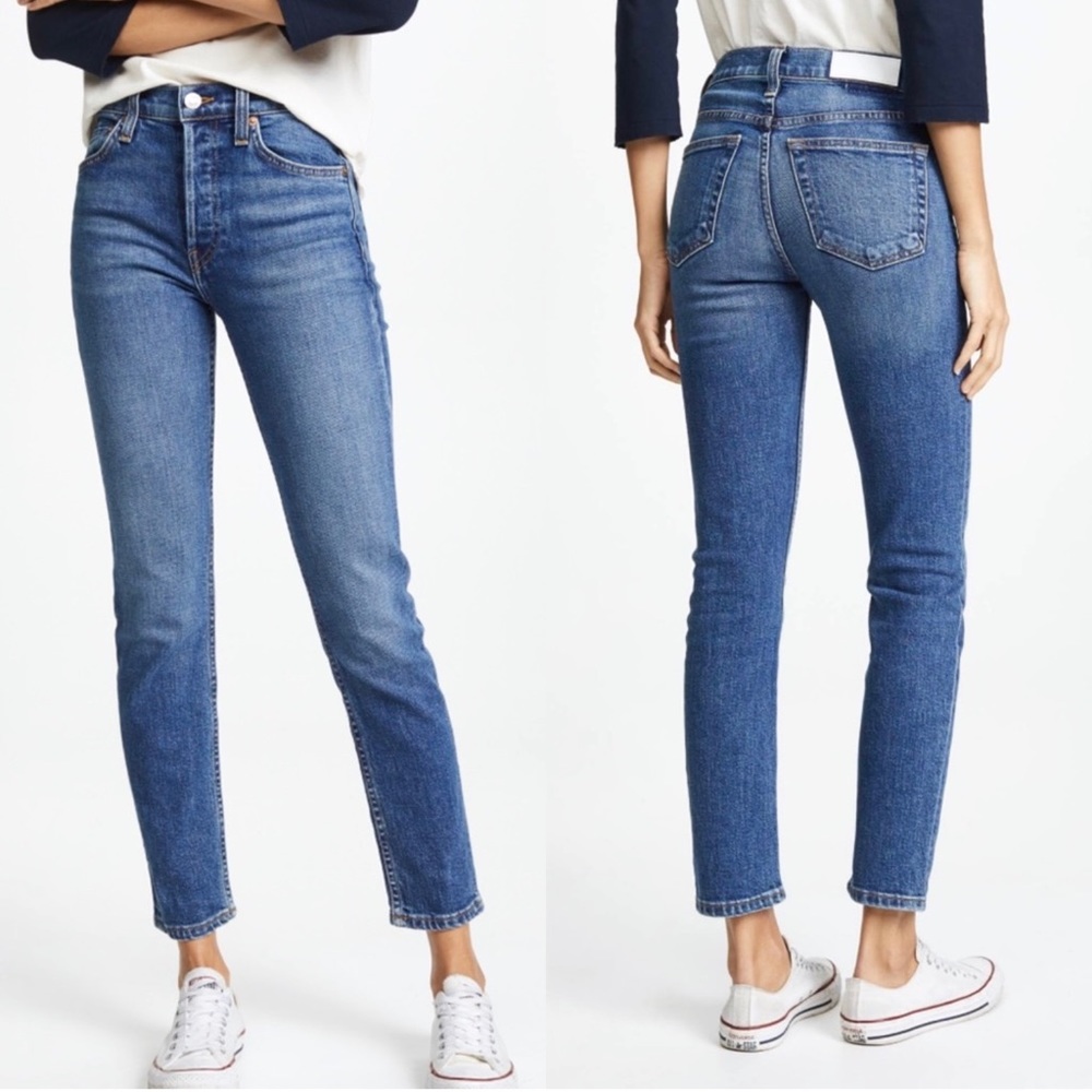 Re/Done High Rise Ankle Crop Stretch Denim Blue Jeans Size 30